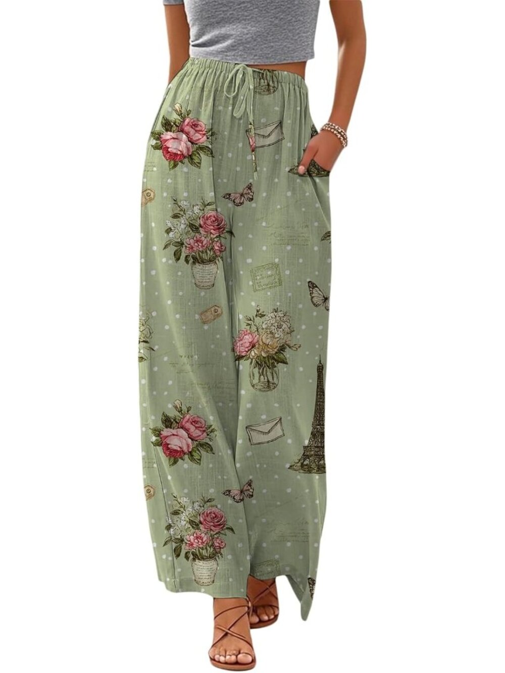 〽️Women's Wide Leg Pant Green Polyester Drawstring Summer Beach Hawaiian Trouser